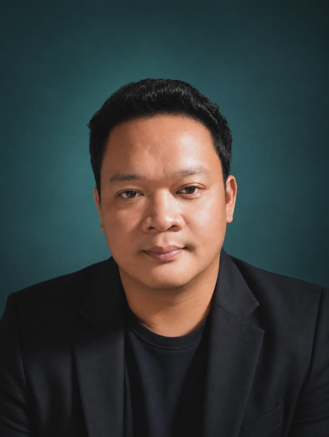 Jury Gregorio Jr, in a dark shirt, against a deep teal background.
