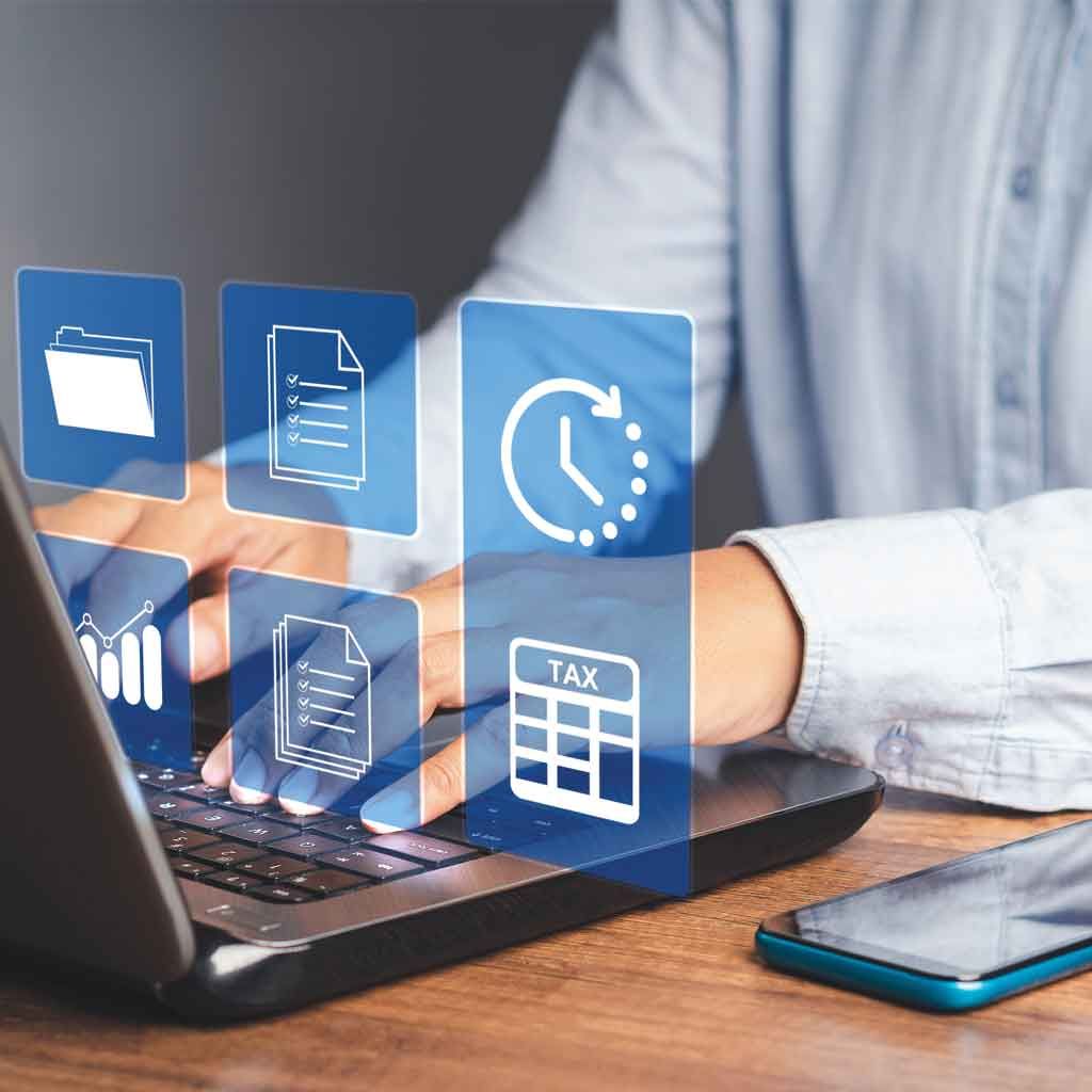 A person works at a laptop, with payroll and scheduling icons overlaid.
